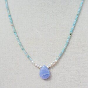 Larimar & Freshwater Pearl Necklace with Blue Lace Agate Pendant – 18.25”